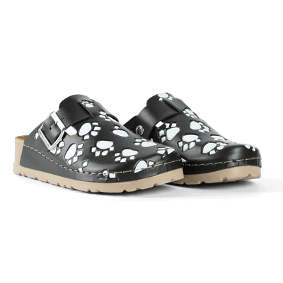 NALLAN Artsy Black Pawmark printed women's clogs